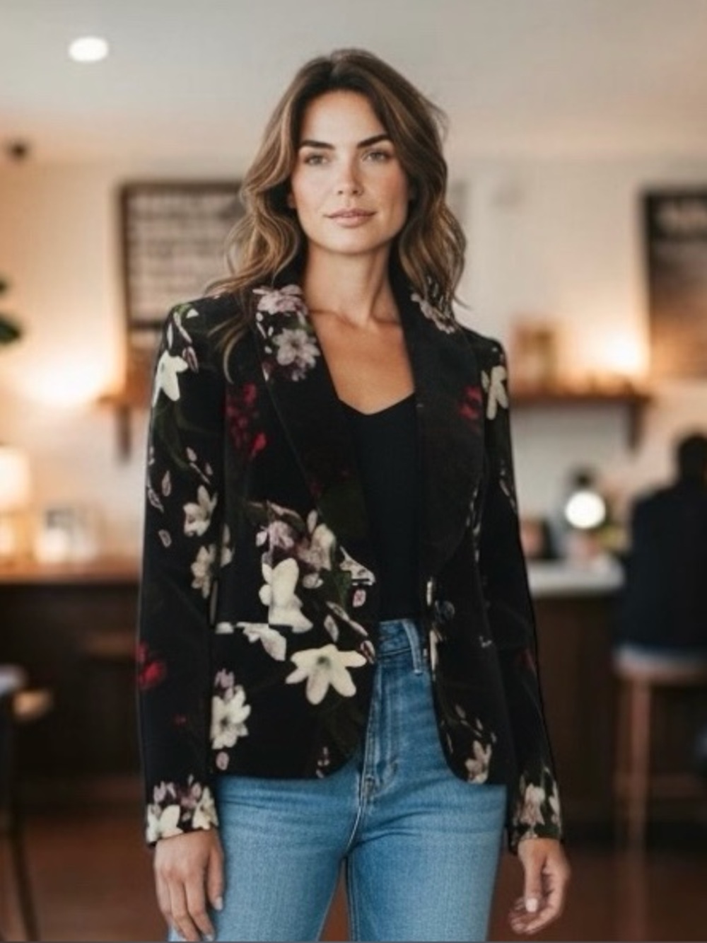 Calvin Klein Black Velvet Floral Print Blazer Jacket Size 8